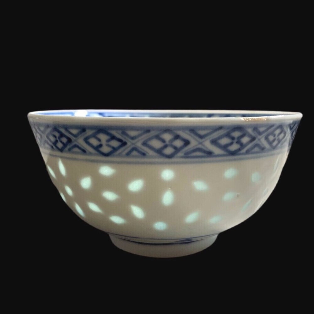 Chinese Rice Eye Grain Bowl Blue White Porcelain Spoon Set Translucent